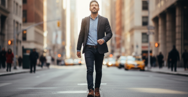Une personne résiliente marche avec assurance dans une rue ensoleillée, l'air optimiste et tournée vers l'avenir.