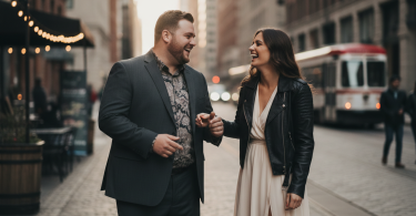 Un homme fort et élégant discute avec charme et complicité avec une jolie femme dans un quartier urbain chic.