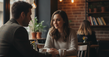 Un homme et une femme timide discutent doucement dans un café calme, partageant un moment de complicité.