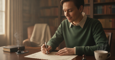 Une personne pensive assise à un bureau écrit soigneusement une lettre à la main sur un papier élégant.