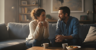 Un couple discute calmement sur un canapé, exprimant des émotions sincères au cours d'une conversation sérieuse.