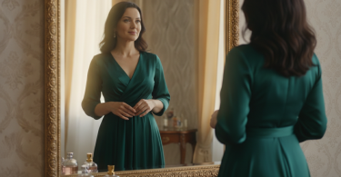 Une femme élégante devant un miroir, regardant son reflet avec un sourire serein et une expression positive.