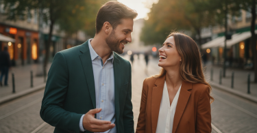 Un homme charmant discute et rit avec une belle femme lors d'une promenade en ville.