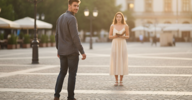 Un jeune homme s'éloigne sereinement d'une femme, affichant un visage calme et mûr.