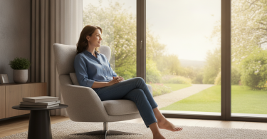 Une personne pensive assise seule dans un salon lumineux, regardant par la fenêtre avec espoir et sérénité.