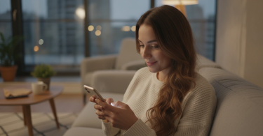 Une jeune femme regarde son smartphone avec un sourire captivé, assise dans un appartement moderne.