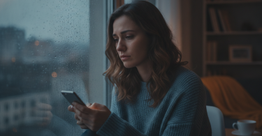 Une femme seule regarde par la fenêtre en tenant son téléphone, le visage marqué par la tristesse et le manque.