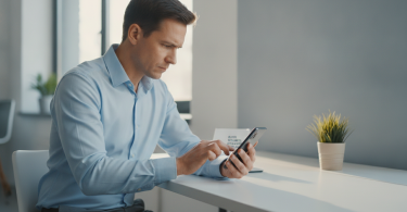 Une personne regarde son téléphone avec un air concentré et déterminé dans un espace moderne et lumineux.