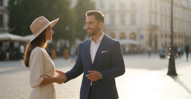 Un homme élégant s'approche d'une femme avec un doux sourire dans une rue ensoleillée pour discuter.