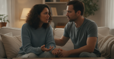 Un couple attentionné a une conversation profonde chez lui, l'un écoutant l'autre avec empathie et honnêteté.