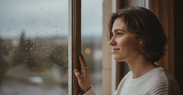 Une personne pensive à la fenêtre retrouve le sourire et sa force intérieure.