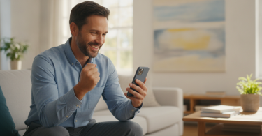 Une personne souriante regarde son smartphone avec espoir et excitation, assise dans un salon lumineux.