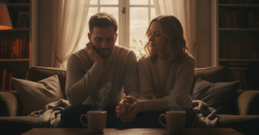 Un couple attentionné assis dans un cadre chaleureux, réfléchissant à leur relation avec clarté et espoir.