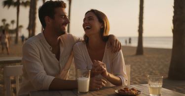 Un jeune couple en vacances d'été rit ensemble à la terrasse d'un café au bord de la plage pendant le coucher du soleil.