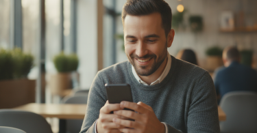 Un homme moderne souriant en recevant un SMS sur son smartphone.