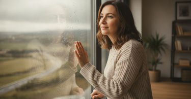 Une personne pensive regarde par la fenêtre, exprimant l'espoir et le renouveau après une rupture.