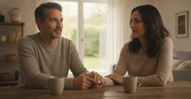 Un homme pensif a une conversation authentique avec sa femme, montrant de l'espoir et de la patience.