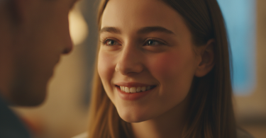 Une jeune femme regarde son partenaire avec affection, rougissant légèrement et affichant un sourire sincère.