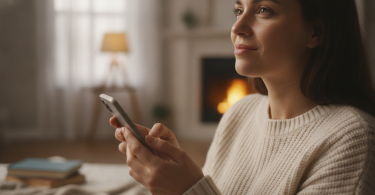 Une personne concentrée tient un smartphone, l'air serein et plein d'espoir dans un intérieur chaleureux.