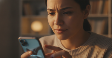 Une personne regarde son téléphone avec espoir et détermination, réfléchissant à une relation amoureuse.