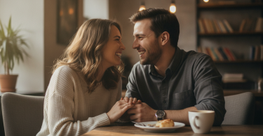 Un couple heureux partage un moment de complicité, souriant et se regardant dans les yeux dans un intérieur chaleureux.
