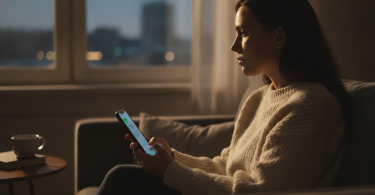 Une personne pensive assise sur un canapé regarde par la fenêtre, tenant son téléphone avant d'envoyer un message.