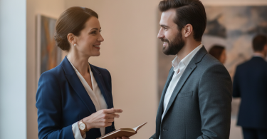 Une femme d'affaires élégante et un homme chaleureux partagent une conversation complice et sourient avec sincérité.