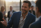 Un homme charismatique interagit avec confiance dans un cadre social, affichant un sourire chaleureux.