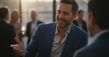 Un homme charismatique interagit avec confiance dans un cadre social, affichant un sourire chaleureux.