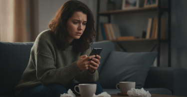 Une femme triste assise sur un canapé regarde son téléphone avec anxiété en attendant un message de son partenaire.