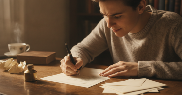 Une personne concentrée assise à un bureau écrit une lettre manuscrite sincère sur du papier élégant.