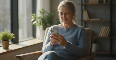 Une femme réfléchie assise calmement dans une pièce lumineuse regarde son smartphone avec une expression sereine.