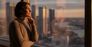 Une personne pensive près d'une fenêtre regarde la ville, mêlant espoir et concentration sur l'avenir.