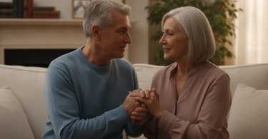 Un couple mûr assis sur un canapé, souriant doucement et se tenant les mains dans un moment de réconciliation.