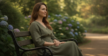 Une femme indépendante et sereine sourit, assise seule sur un banc de parc et regardant au loin en toute confiance.