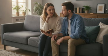 Un jeune couple assis sur un canapé discute calmement, leurs visages exprimant le respect et la compréhension.