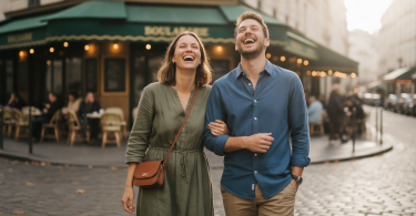 Un couple moderne marche et rit ensemble près d'un café parisien, partageant un moment de complicité spontané.