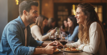Un jeune couple assis face à face à une table, souriant chaleureusement et partageant un moment de complicité.