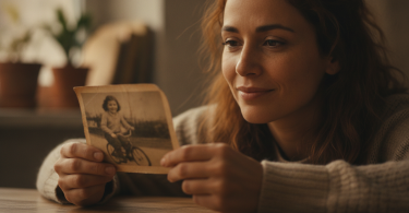 Une femme de 30 ans regarde avec tendresse et émotion une photo d'elle enfant, trouvant la paix intérieure.