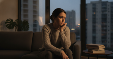 Une personne pensive assise seule dans un appartement moderne, regardant par la fenêtre avec tristesse et réflexion.