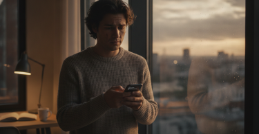 Une personne pensive près d'une fenêtre regarde son téléphone avec espoir et hésitation, réfléchissant à sa relation.