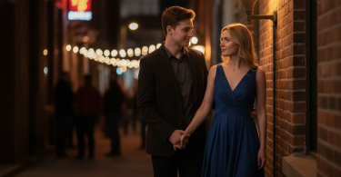 Un jeune couple partage un moment romantique à l'écart de la foule lors d'une soirée, échangeant des sourires complices.