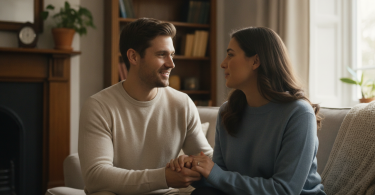 Un couple discute calmement avec affection chez lui, montrant un respect mutuel et une connexion profonde.