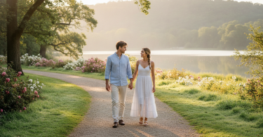 Un couple se tient la main et marche dans un parc serein, se souriant doucement avec confiance.