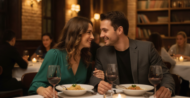 Un couple profite d'un dîner romantique improvisé dans un restaurant chic, souriant et partageant un moment complice.