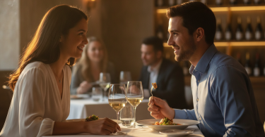 Un jeune couple en rendez-vous, la femme sourit chaleureusement et regarde l'homme avec intérêt.