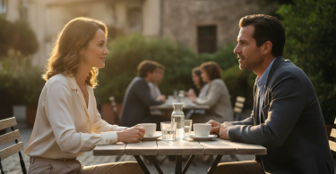 Une femme élégante discute sereinement avec son ex-partenaire à la terrasse d'un café calme.