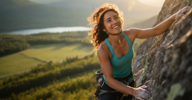 Une personne attentive souriant avec confiance lors d'une activité en plein air, rayonnant de bonheur.