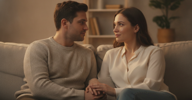 Un couple assis sur un canapé discute calmement, penché l'un vers l'autre avec espoir et soulagement.