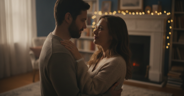 Un couple se redécouvre dans une pièce sombre, partageant un moment de tendresse et de complicité authentique.